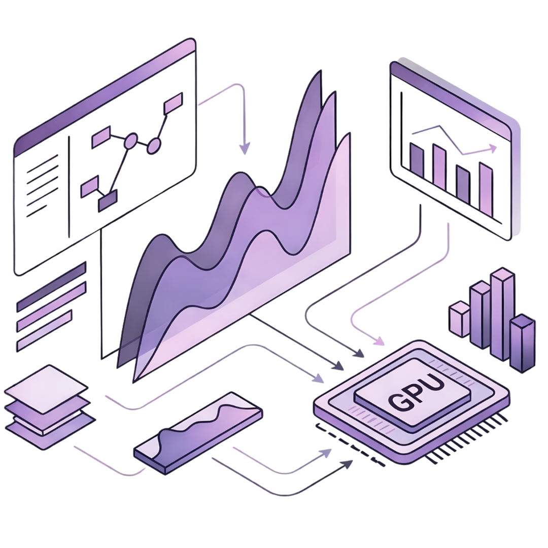 Illustration of data flowing from dashboards and charts into a GPU